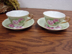 Set/2 Vintage Lefton Heritage Green Pink Roses Cup Saucer Set #5854