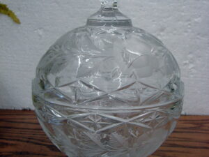 Lead Crystal Imperial Glass Frosted Rose Footed Pedestal Candy Dish with Tall Finial Lid