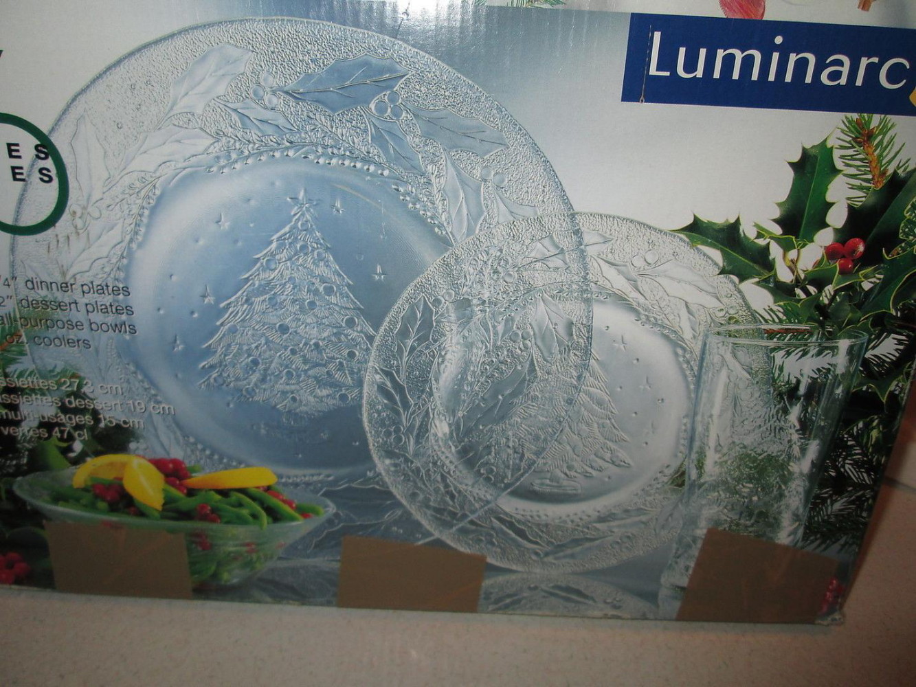 Brand New 16 pc Luminarc Holly Tree Glass Dinnerware Set w/ Cooler Tumblers Christmas Holiday