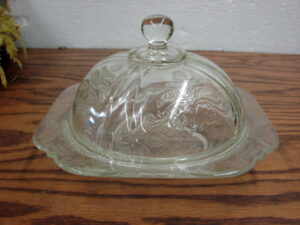 Vintage Federal Glass Yellow Tint Clear Madrid Butter Dish with Dome Lid