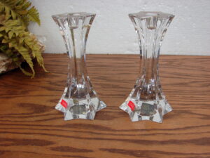 Set/2 Mikasa Fire Star Lead Crystal 6 1/2" Pillar Candlesticks Pair Candle Holders Stickers