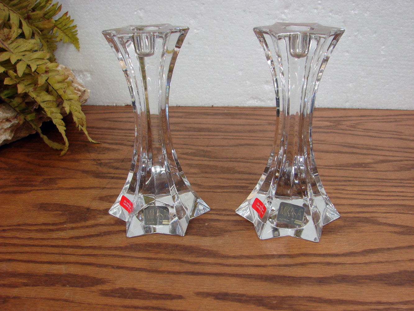 Set/2 Mikasa Fire Star Lead Crystal 6 1/2" Pillar Candlesticks Pair Candle Holders Stickers