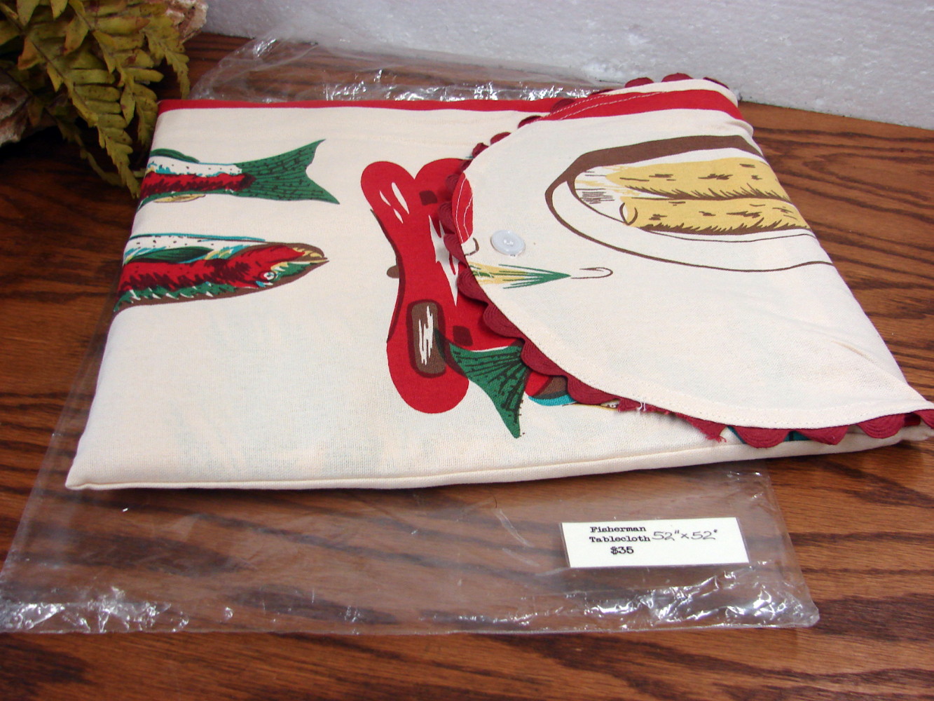 Brand New Retired Moda Home Vintage Retro Fisherman Fly Fishing Tablecloth 52”x52” Cotton