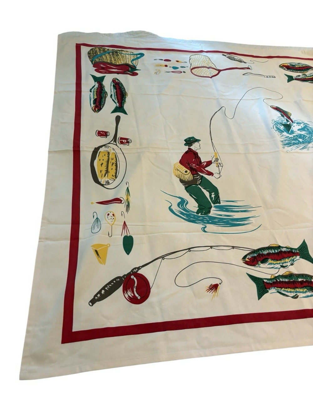 Brand New Retired Moda Home Vintage Retro Fisherman Fly Fishing Tablecloth 52”x52” Cotton - Image 3