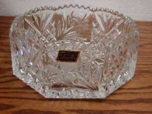 Lead Crystal Violetta Octagon Shaped Etched Flower Bowl Made in Poland w/ Label
