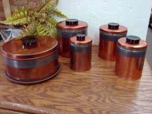 Vintage Parker Metal Parmeco Copper Tone Silver Band Canister Set w/ Angel Food Cake Storage