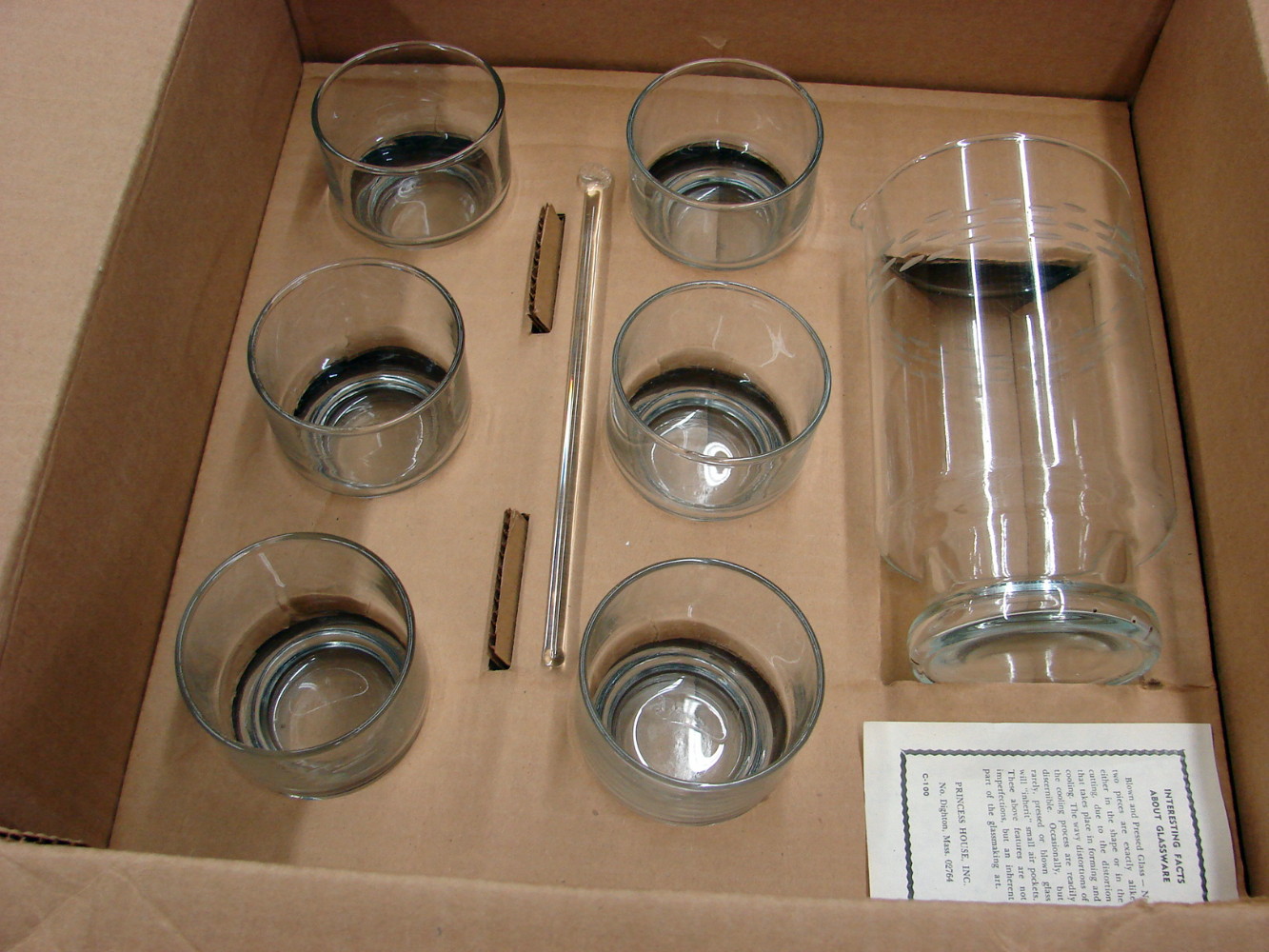 8 pc Vintage Princess House Martini Set #407 Original Box Pitcher 6 Glasses Stir Stick