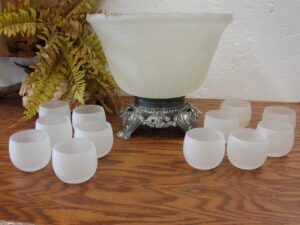 Vintage White Satin Indiana Princess Frosted Punch Bowl Set Ornate Stand 12 Roly Poly Cups