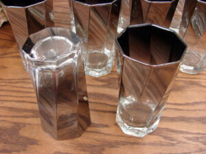 Set/11 MCM Vintage Twisted Swirl Octagon Highball Vitreon Queens Lusterware Silver Fade Ombre