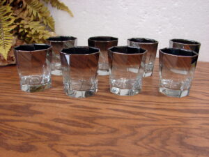 Set/8 MCM Vintage Twisted Swirl Octagon Lowball Vitreon Queens Lusterware Silver Fade Ombre