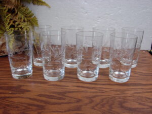 Set/8 Vintage Clear Etched Water Flat Tumbler Glasses Radio Brand Japan