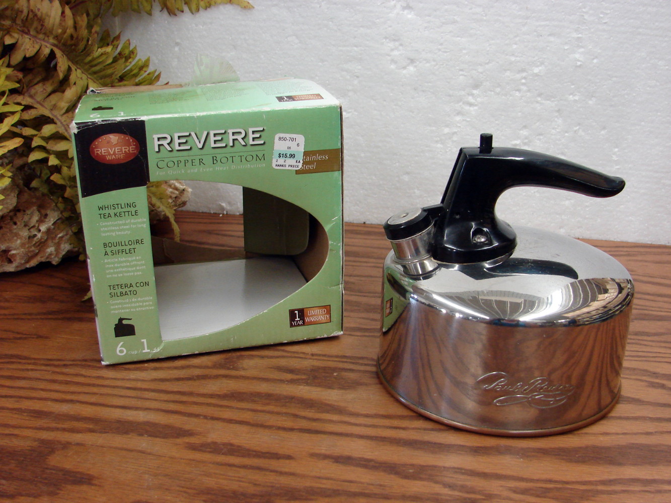 Copper Bottom Revere Ware 1.5 Qt Tea Pot Kettle Whistling Stainless Teapot w/ Box