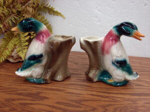 Set/2 Large Vintage Royal Copley Ceramic Duck Figurine Planter Stump