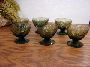 Vintage 6 pc Set Seneca Driftwood Avocado Green Morgantown Crinkle Footed Sherbet Desert