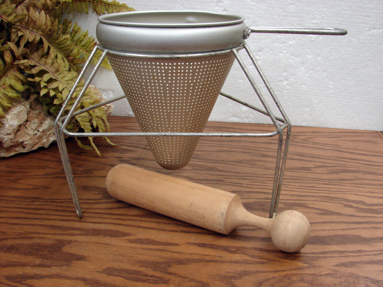 Vintage Aluminum Colander Cone Strainer Chinois Sieve w/ Stand and Straight Wooden Pestle Masher - Image 3