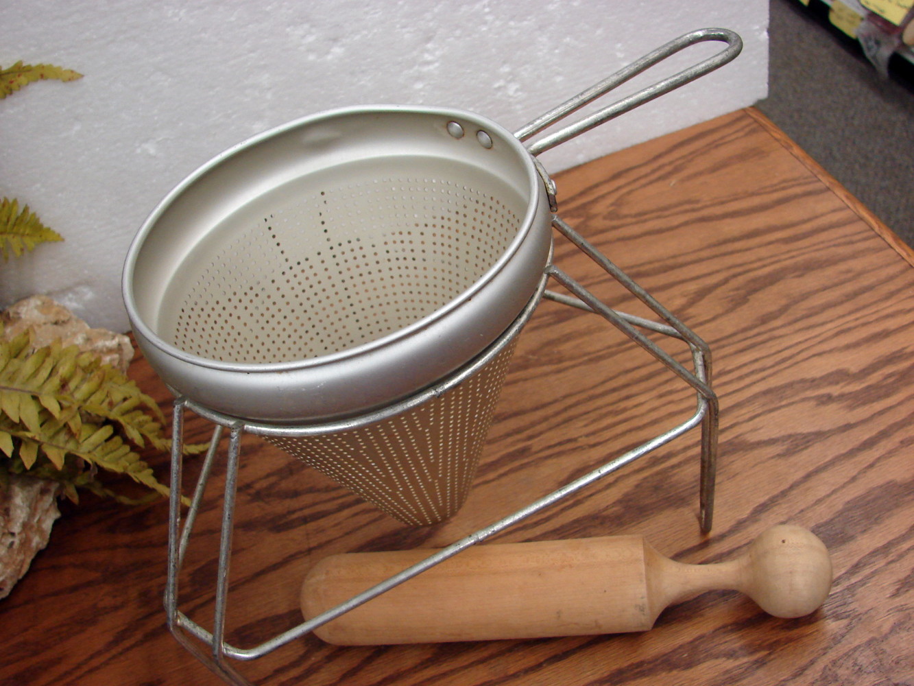 Vintage Aluminum Colander Cone Strainer Chinois Sieve w/ Stand and Straight Wooden Pestle Masher - Image 4