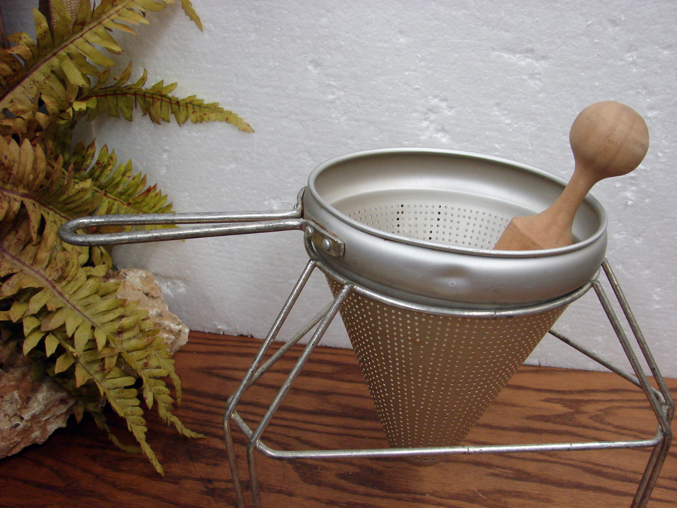 Vintage Aluminum Colander Cone Strainer Chinois Sieve w/ Stand and Straight Wooden Pestle Masher - Image 5