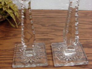 Lead Crystal Tall 8" Pillar Candlesticks Pair Candle Holders Snowflake Pattern Square Base