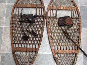 Vintage Wood Rawhide Ski Lodge Decor Bear Paw Snowshoes with Leather Bindings Northwoods