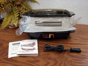 Brand New MCM West Bend Slow Cooker Crock Pot Tested Brown Stripes Deep Glass Lid