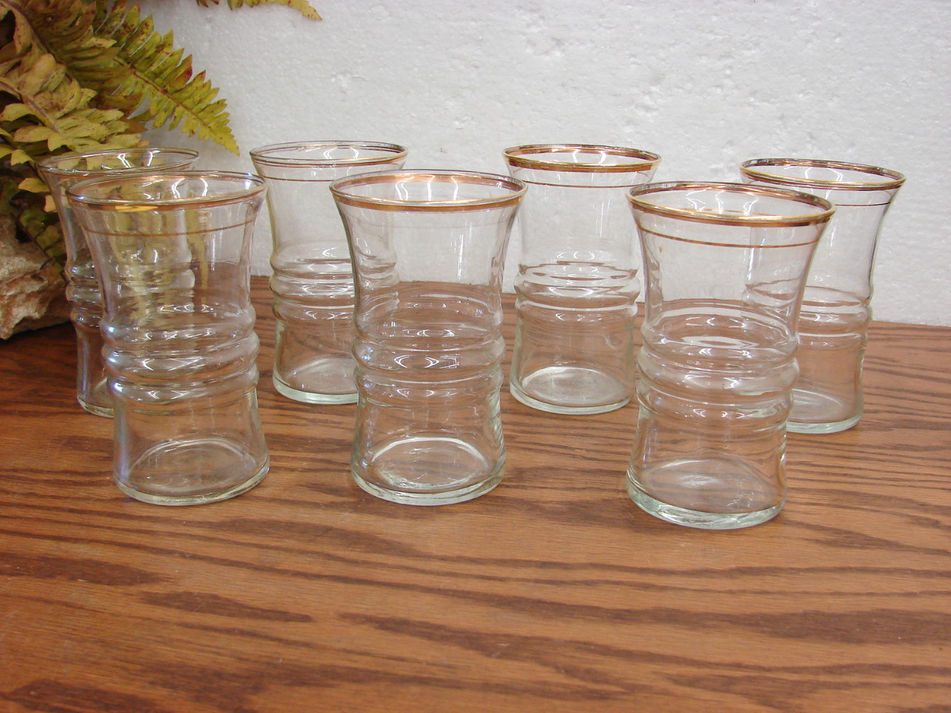 Set/7 Vintage Anchor Hocking Double Ring Flared Hourglass Gold Rim Glasses 4 3/4" - Image 2
