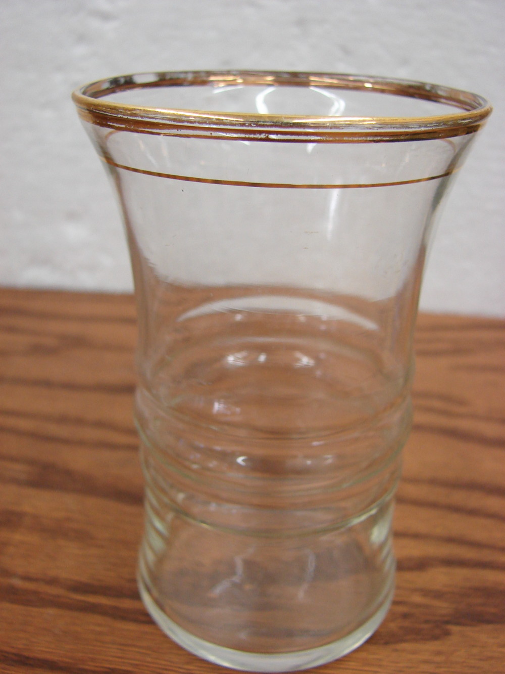 Set/7 Vintage Anchor Hocking Double Ring Flared Hourglass Gold Rim Glasses 4 3/4"