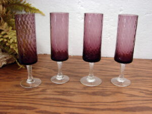 Set/4 Vintage European Amethyst Glass Champagne Flutes Quilted Diamond Pattern Clear Stems