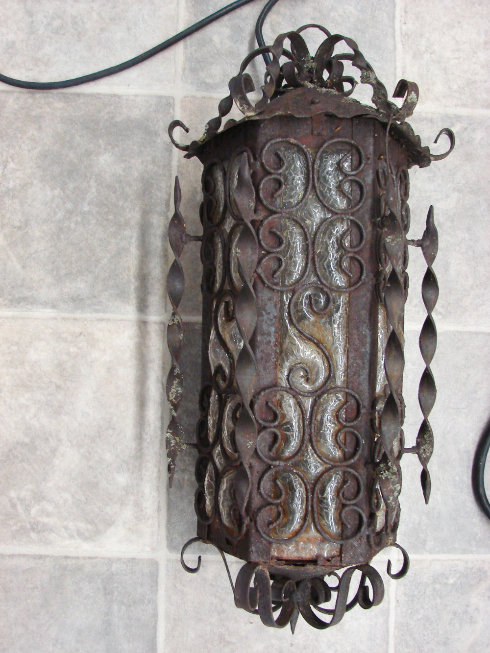 Very Old Long Cylindrical Amber Craquelle Glass Wrought Iron Hanging Swag Lamp Mexico Spanish Revival - Image 2