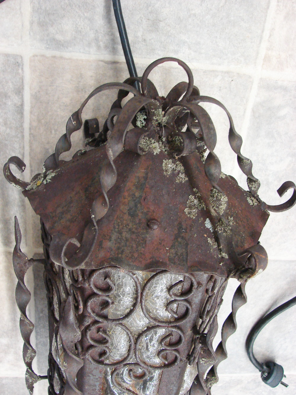 Very Old Long Cylindrical Amber Craquelle Glass Wrought Iron Hanging Swag Lamp Mexico Spanish Revival - Image 5