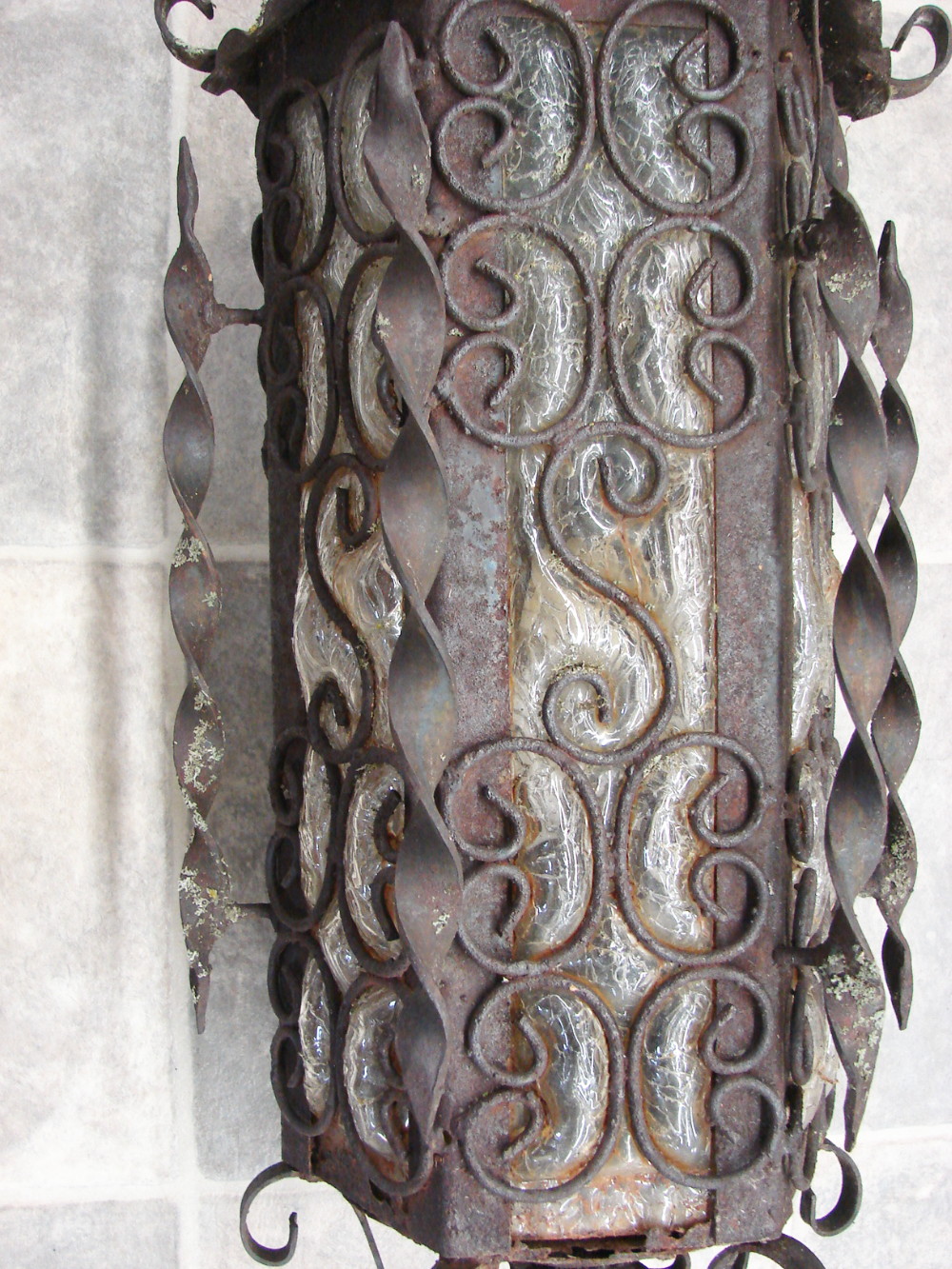 Very Old Long Cylindrical Amber Craquelle Glass Wrought Iron Hanging Swag Lamp Mexico Spanish Revival - Image 4