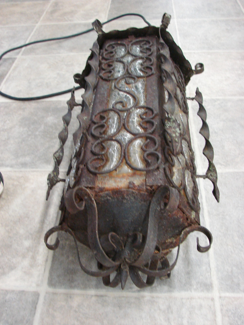 Very Old Long Cylindrical Amber Craquelle Glass Wrought Iron Hanging Swag Lamp Mexico Spanish Revival - Image 3