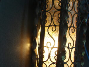 Very Old Long Cylindrical Amber Craquelle Glass Wrought Iron Hanging Swag Lamp Mexico Spanish Revival