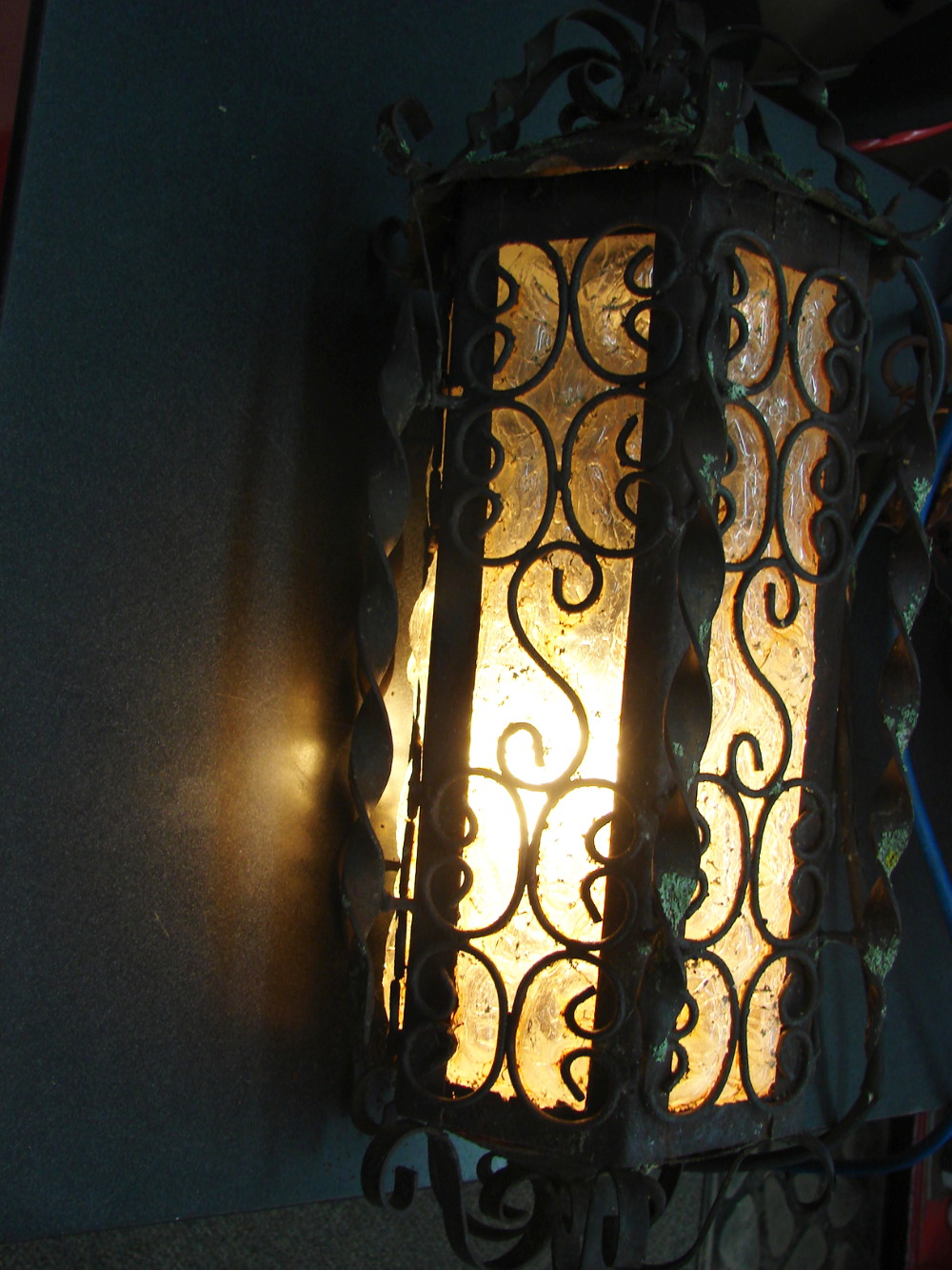 Very Old Long Cylindrical Amber Craquelle Glass Wrought Iron Hanging Swag Lamp Mexico Spanish Revival
