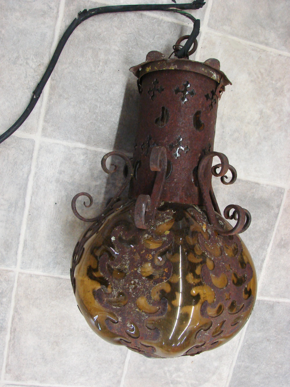 Very Old Large Bulbous Amber Craquelle Glass Wrought Iron Hanging Swag Lamp Mexico Spanish Revival - Image 5
