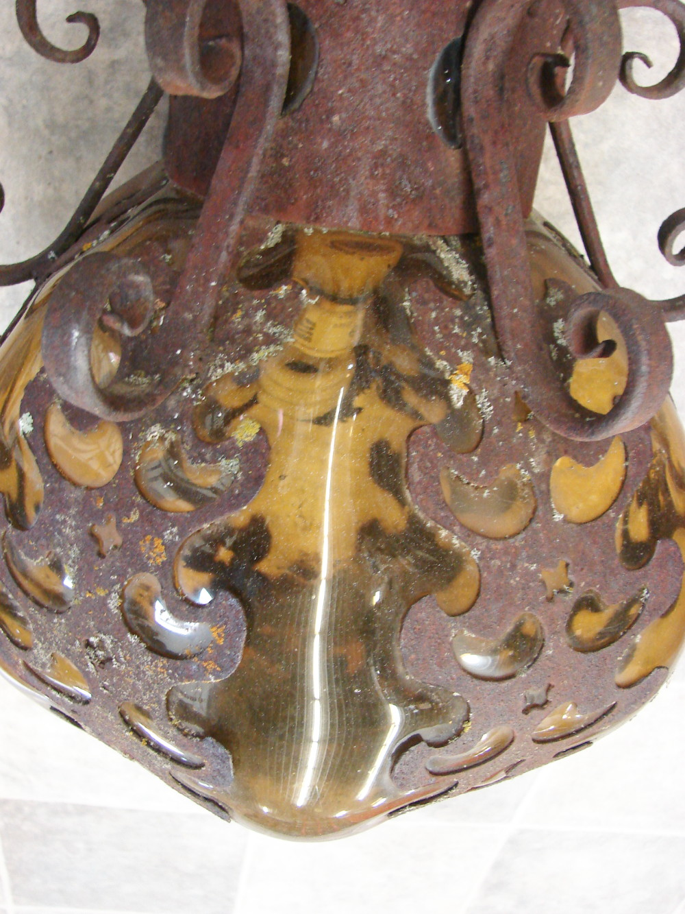 Very Old Large Bulbous Amber Craquelle Glass Wrought Iron Hanging Swag Lamp Mexico Spanish Revival - Image 3