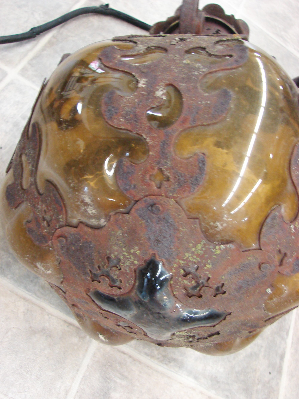 Very Old Large Bulbous Amber Craquelle Glass Wrought Iron Hanging Swag Lamp Mexico Spanish Revival - Image 2