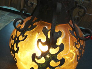 Very Old Large Bulbous Amber Craquelle Glass Wrought Iron Hanging Swag Lamp Mexico Spanish Revival