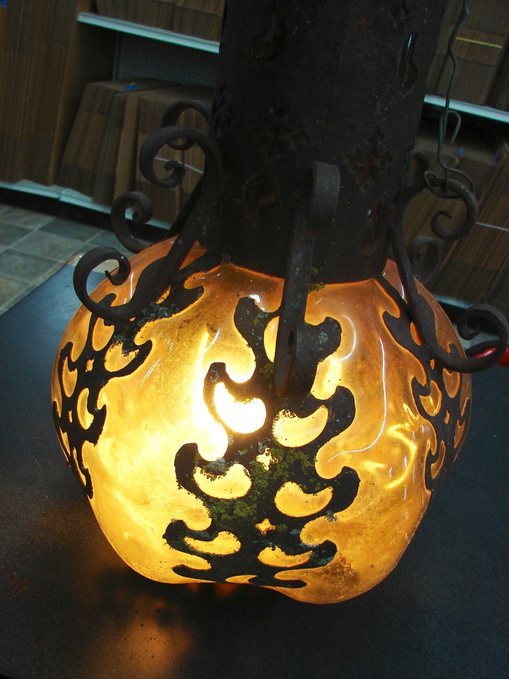 Very Old Large Bulbous Amber Craquelle Glass Wrought Iron Hanging Swag Lamp Mexico Spanish Revival