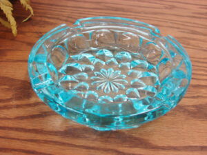 Vintage MCM Aqua Pattern Glass Ashtray Turquoise Ocean Blue