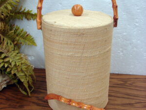 Vintage Mid-Century Modern Tall Grass Cloth Ice Bucket with Lacquered Bamboo Handle Tongs