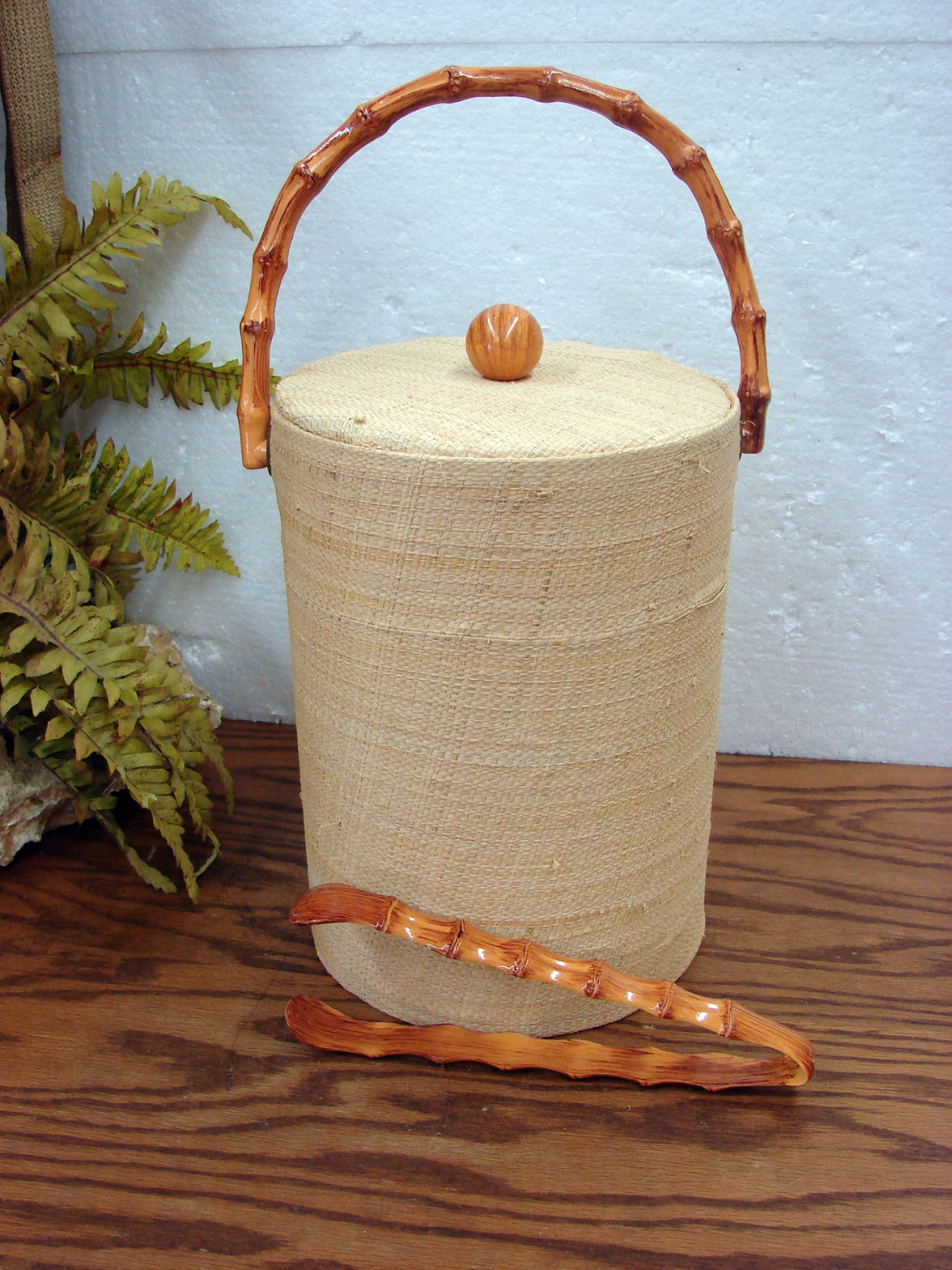 Vintage Mid-Century Modern Tall Grass Cloth Ice Bucket with Lacquered Bamboo Handle Tongs