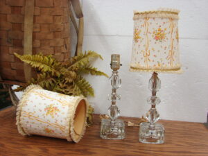 Set/2 Vintage Crystal Hollywood Regency Stacked Boudoir Vanity Lamps w/ Shades
