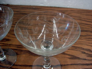 Set/3 Vintage Etched Crystal Champagne Glasses 5 x 4" Gorgeous Flower Stem Etch