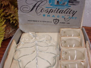 Vintage Federal Glass Hospitality Leaf Pattern Bridal Snack Set Original Box Plates and Cups