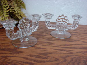 Set/2 Vintage Fostoria American Glass Double Candle Holder Candleabra