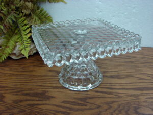 Vintage Fostoria American Glass Square Pedestal Cake Stand Plate w/Rum Well