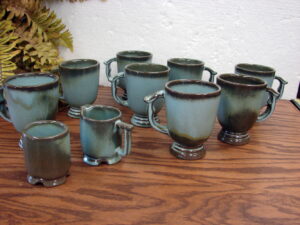 Set/8 Vintage Frankoma C12 Footed Coffee Mugs Blue Green w/ Cream Sugar