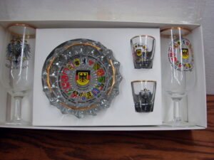 German Souvenir Bar Set Wine Shot Glasses Ash Tray Coat of Arms Shields Old Germany