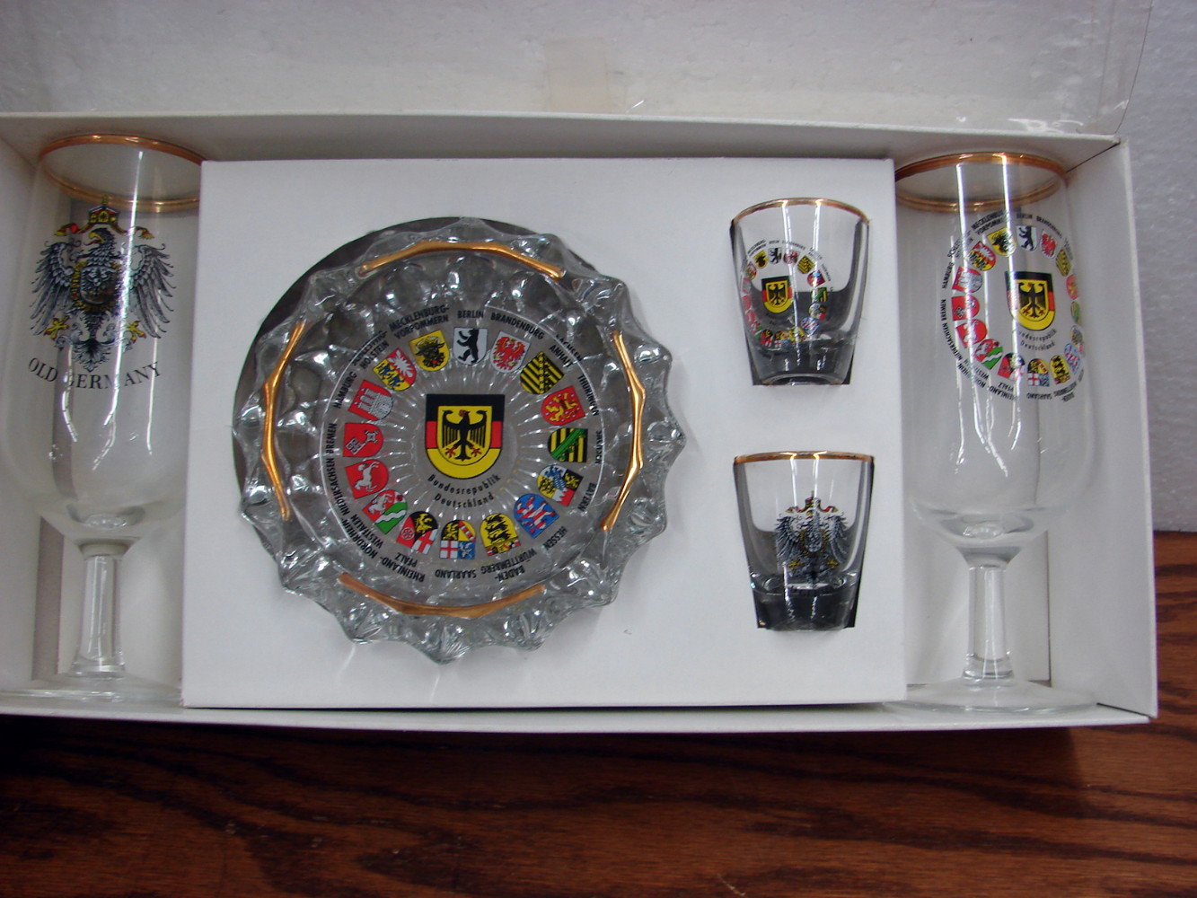 German Souvenir Bar Set Wine Shot Glasses Ash Tray Coat of Arms Shields Old Germany