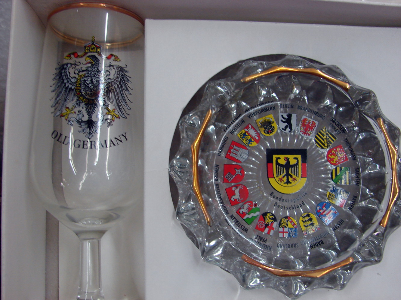 German Souvenir Bar Set Wine Shot Glasses Ash Tray Coat of Arms Shields Old Germany - Image 2